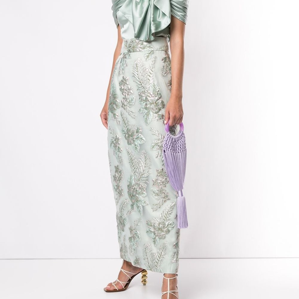 Mint green long floral skirt from Bambah